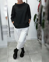 100% Coton Blouse Col Large Couleur Unie Décontracté
