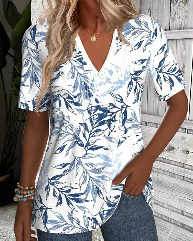 T-Shirt Col En V Manches Courtes Imprimé Feuilles De Bambou