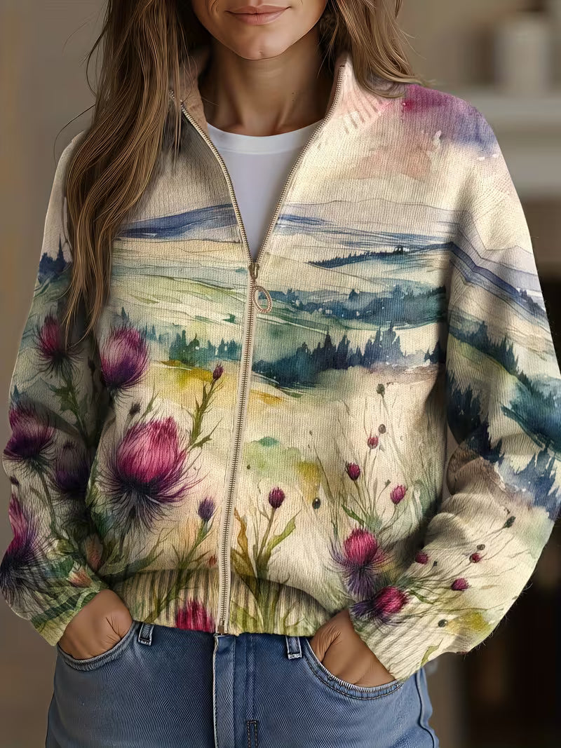 Aurore - Cardigan zippé à imprimé chardons aquarelle