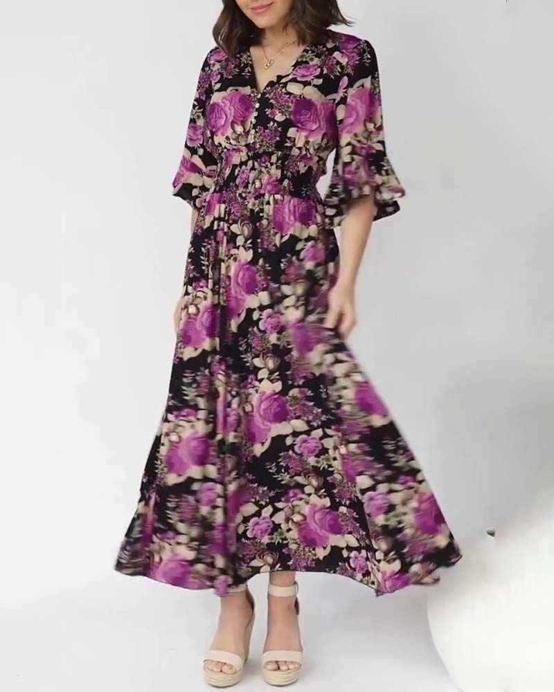 Robe longue à col en V à imprimé floral
