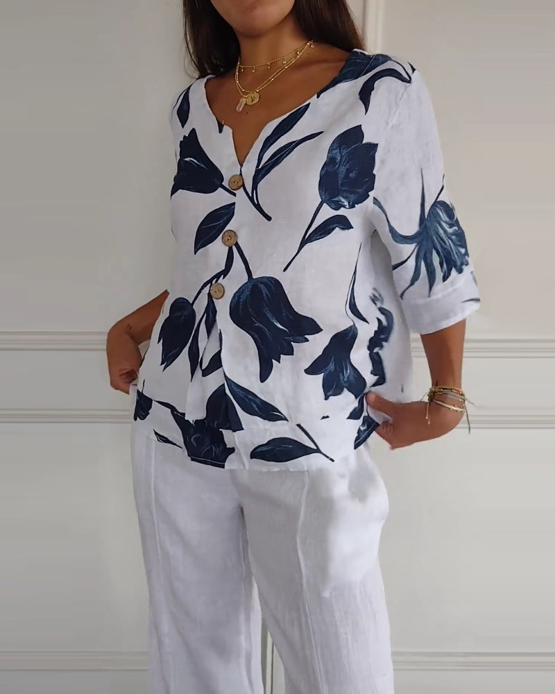 Haut boutonné en coton et lin imprimé fleuri