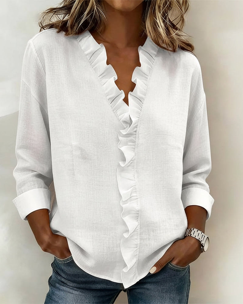 Blouse Froncé Col En V Manches Longues