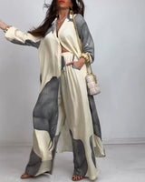 Costume Col Bouton Bloc de Couleur Pantalon Rayé Droit