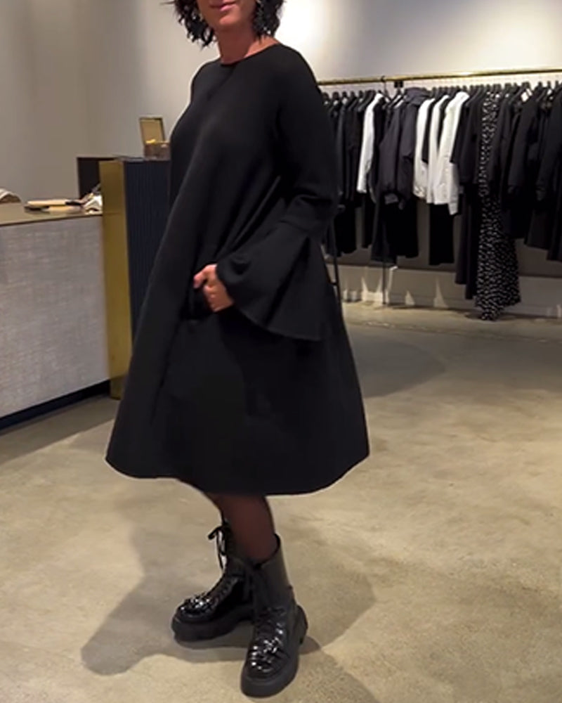Robe Uni Manche Évasée Froncé