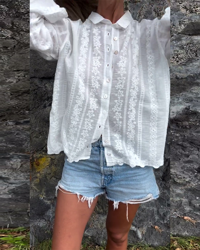 Chemise Brodée Creuse Col Polo Décontractée