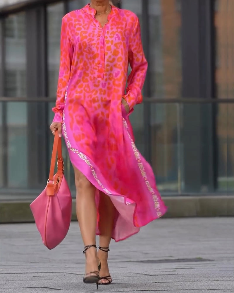 Robe Manches Longues Imprimé Léopard Fente