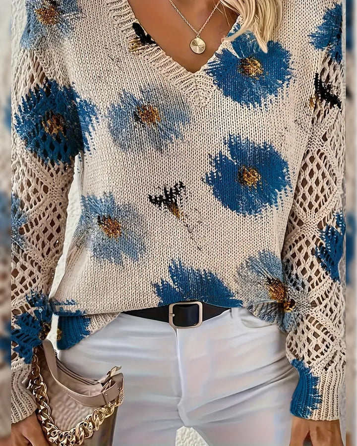 Pull Manches Longues Col En V Jacquard
