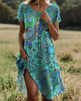 Robe À Col Rond Avec Impression Vintage