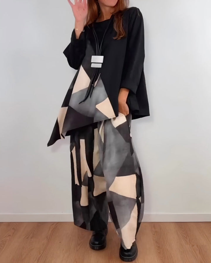 Ensemble Deux-Pièces Imprimé Géométrique Décontracté Pantalon Large
