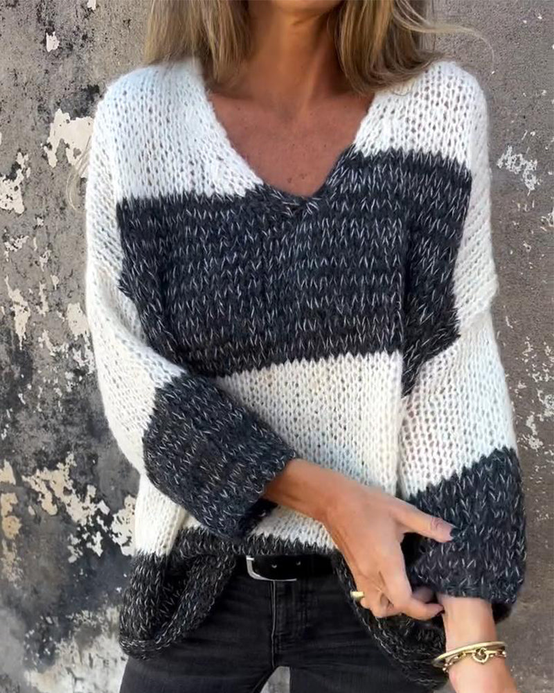 Pull décontracté à col en V contrasté