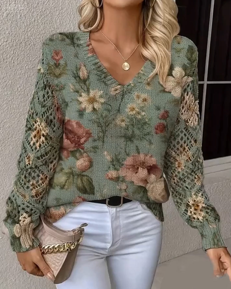 Pull Jacquard Col V Ajouré Manches Longues