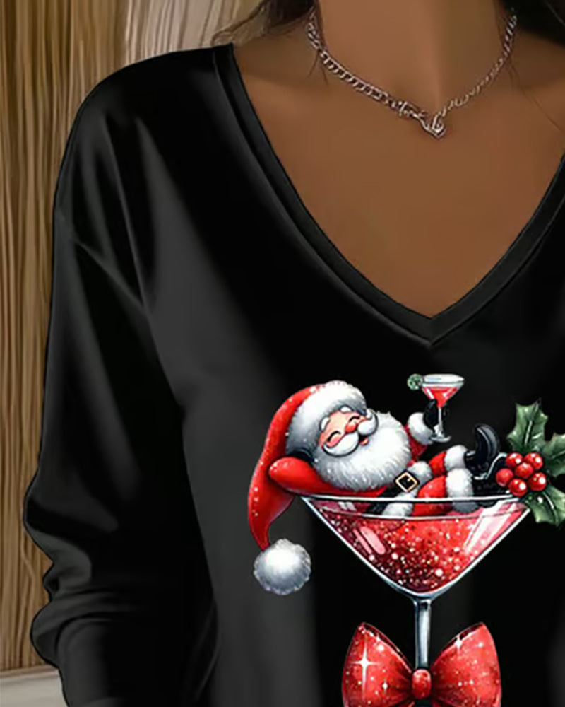 Haut Ample À Col En V Avec Imprimé De Verre De Vin De Noël