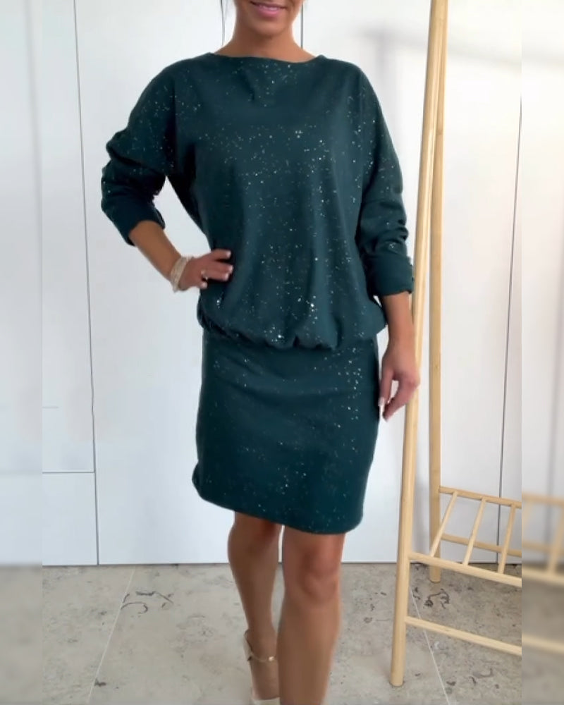 Robe Col Rond Paillettes Fines À La Mode