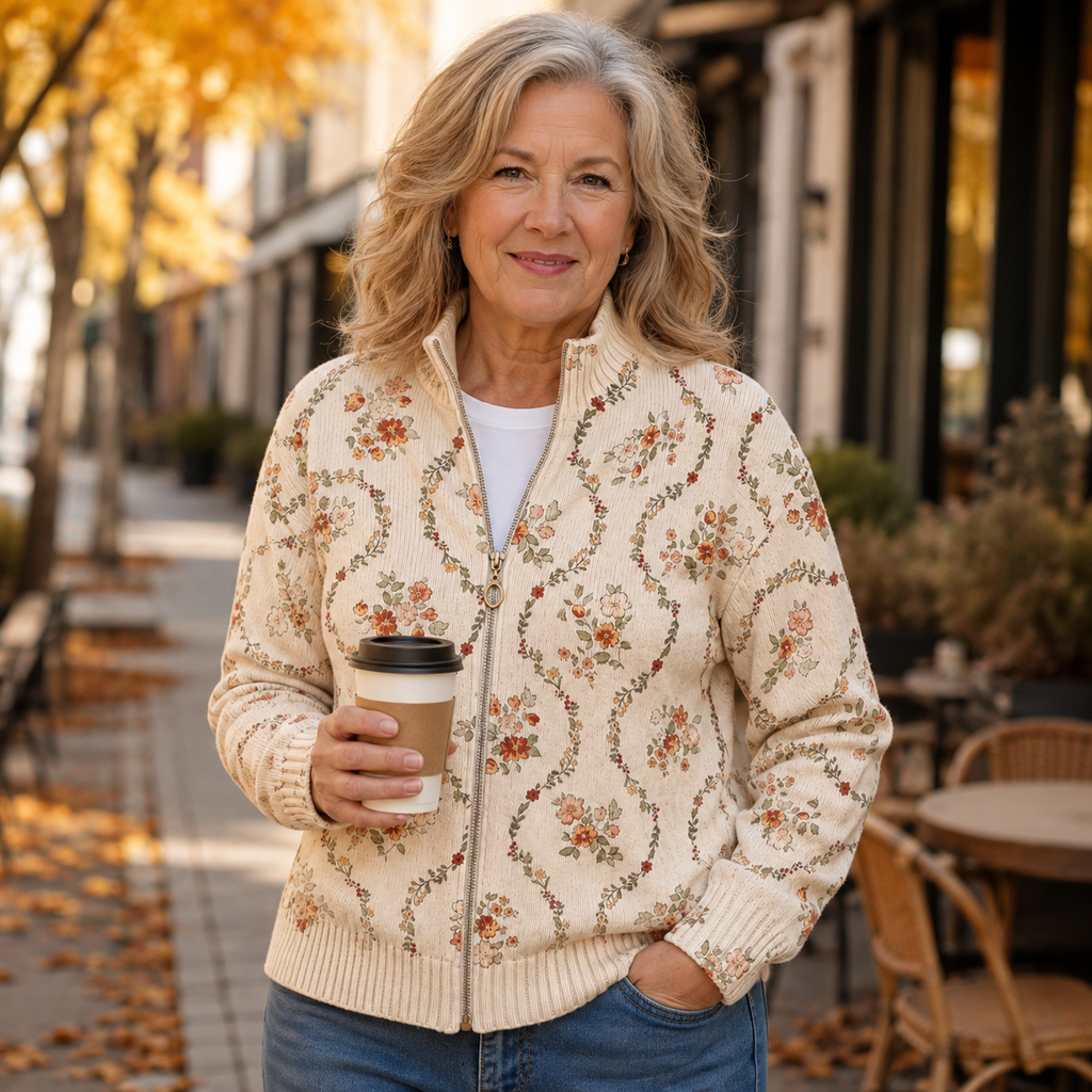 Danielle - Cardigan zippé à imprimé floral crème