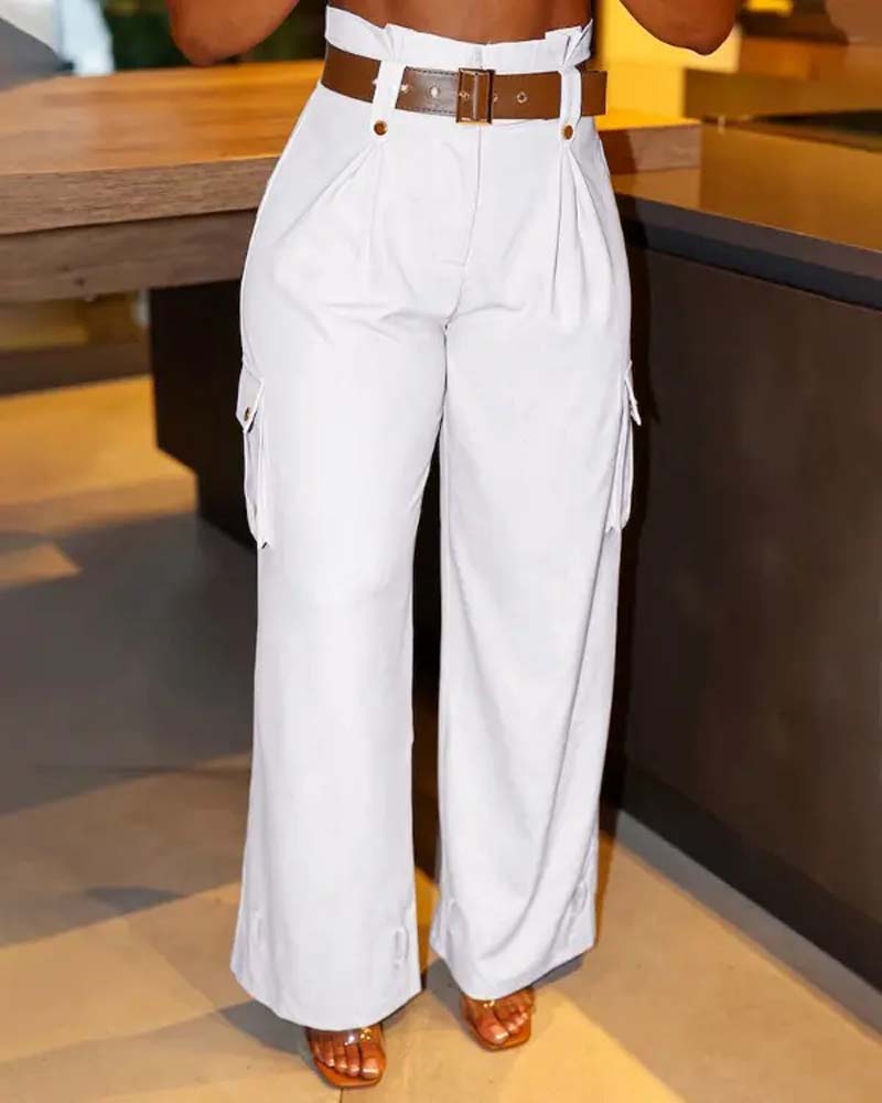 Pantalon cargo décontracté avec poche de couleur unie