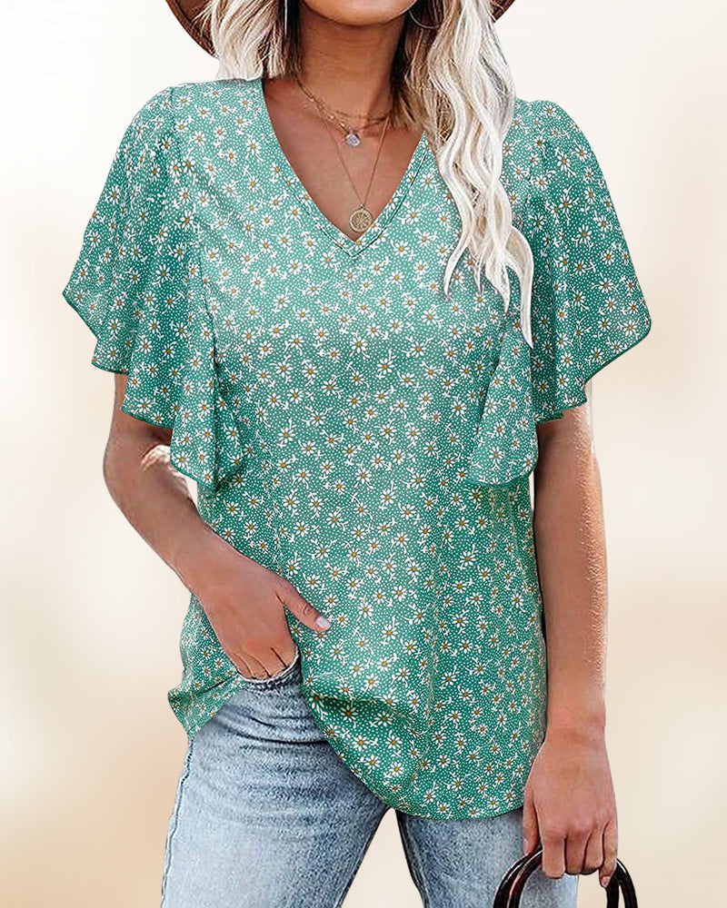 Chemise plissée à manches courtes et col V