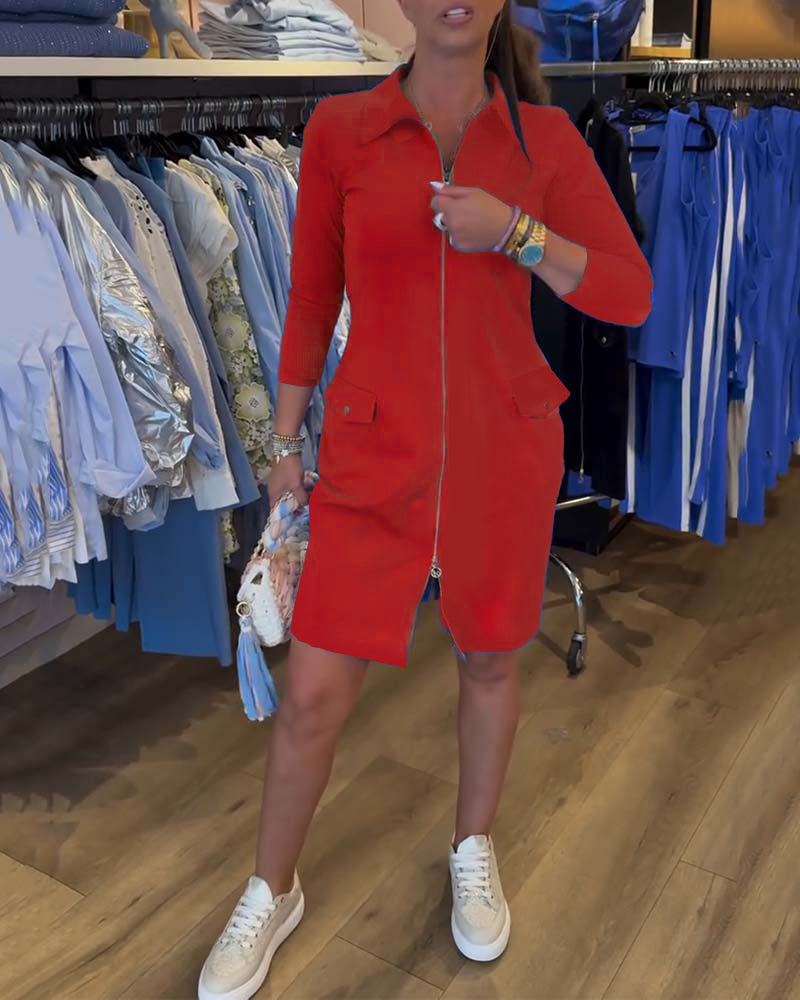 Robe Col Unie Fermeture Éclair Manches Longues