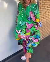 Robe à col en V à imprimé cœur avec manches longues