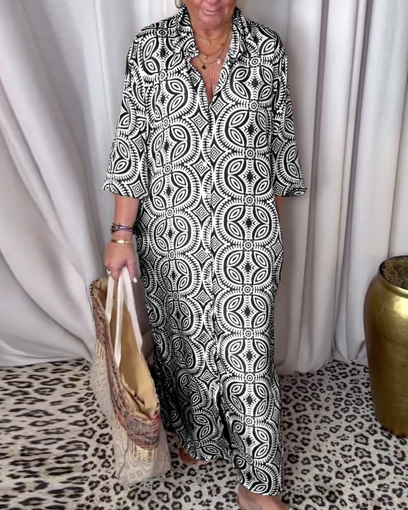 Robe longue imprimée vintage avec poche à revers