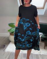 Robe patchwork décontractée à imprimé floral et col rond