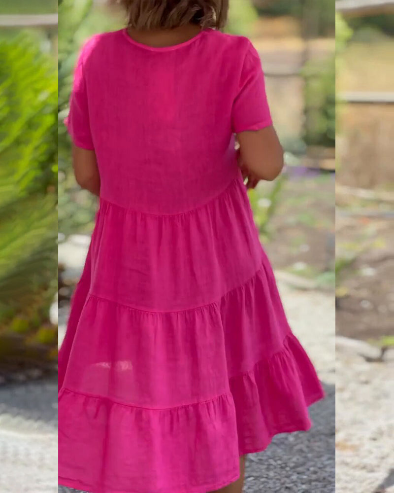 Robe en coton lin avec col en V de couleur unie