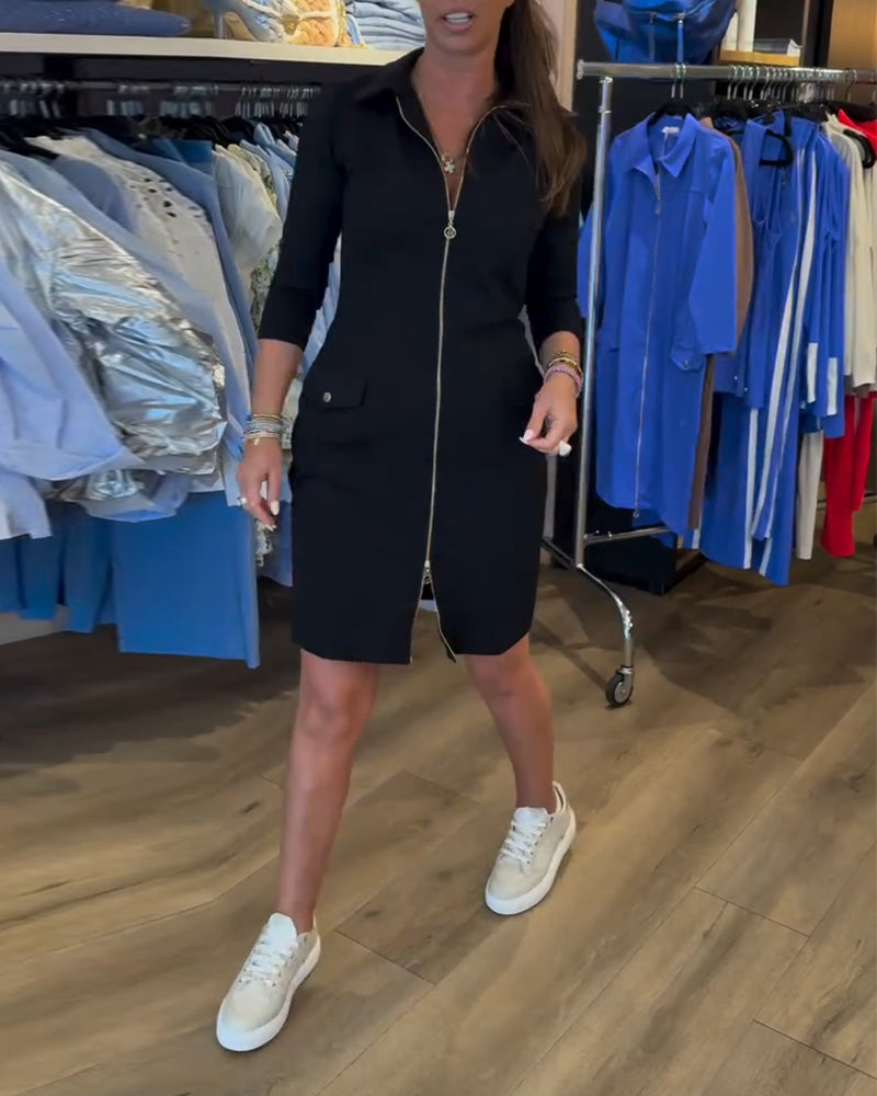 Robe Col Unie Fermeture Éclair Manches Longues