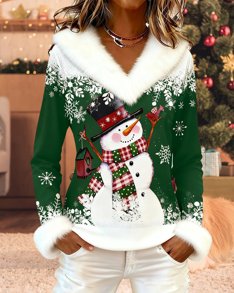 Haut Noël Bonhomme de Neige Col Fourrure Patchwork