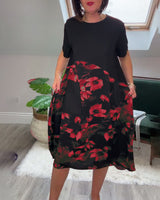 Robe patchwork décontractée à imprimé floral et col rond