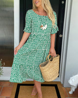 Robe midi col rond imprimé à pois