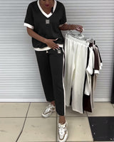 Costume Décontracté Col En V Couleur Contrastée Sport