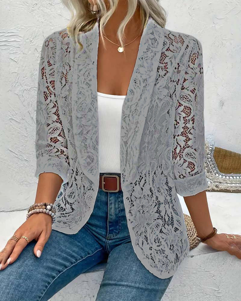 Manteau élégant à revers en dentelle florale de couleur unie