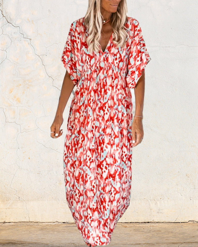 Robe tendance à col en V imprimée à manches courtes