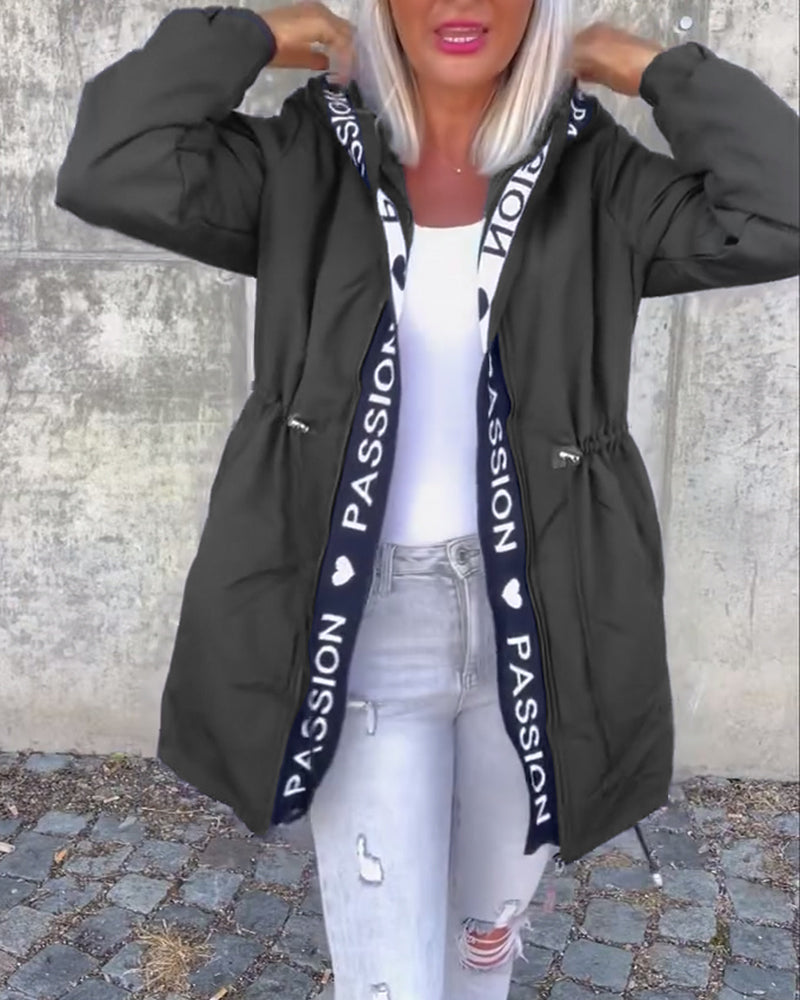 Manteau à capuche décontracté avec cordon de serrage et imprimé lettre