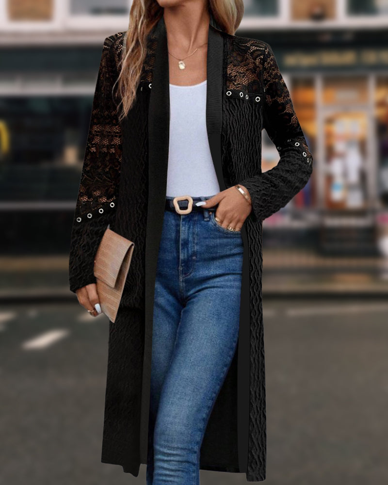 Manteau élégant en dentelle creuse de couleur unie