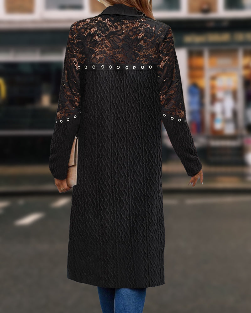 Manteau élégant en dentelle creuse de couleur unie