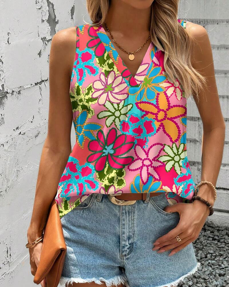 Gilet Col V Imprimé Fleuri Sans Manches