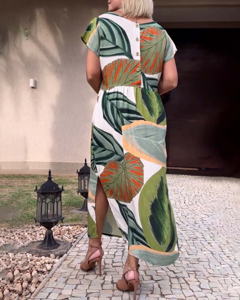 Robe fendue à manches courtes et imprimé feuilles