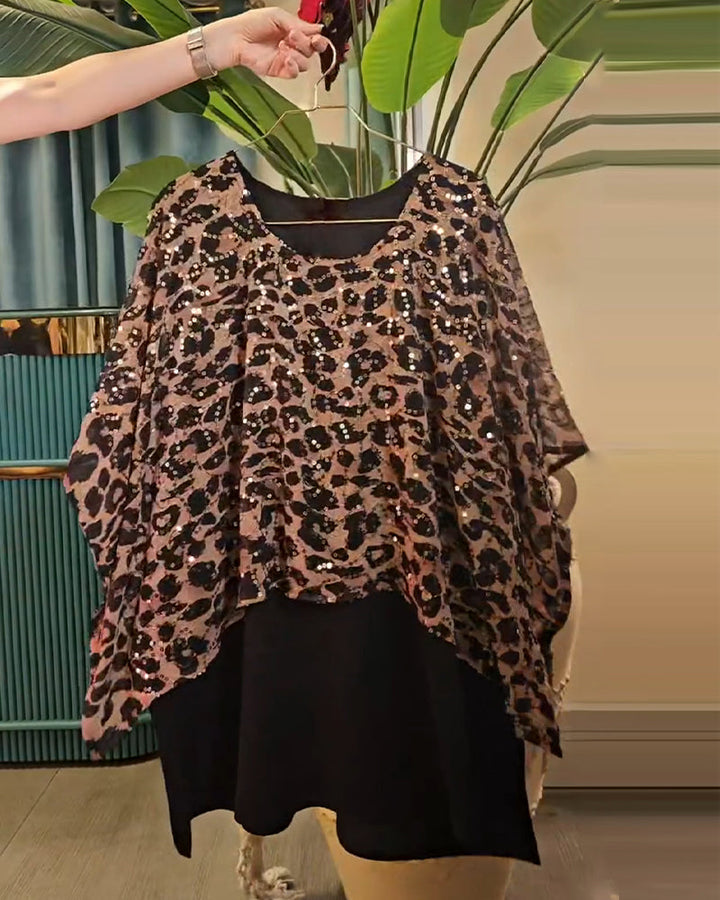 T-Shirt Imprimé Léopard À Paillettes Manches Chauve-Souris
