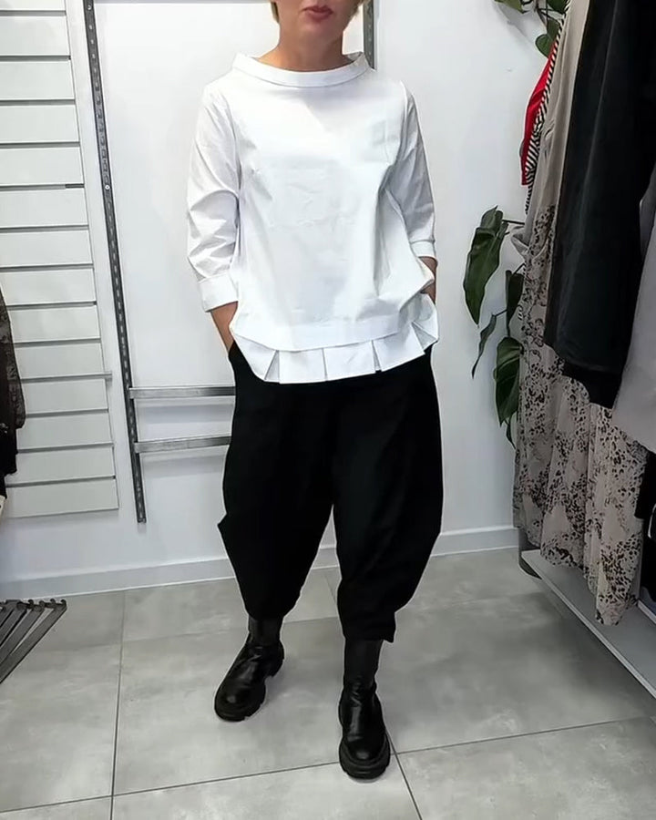 100% Coton Blouse Col Large Couleur Unie Décontracté