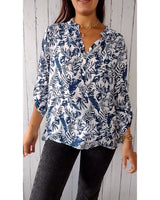 Blouse décontractée boutonnée imprimé feuilles, col V et manches neuf-quarts