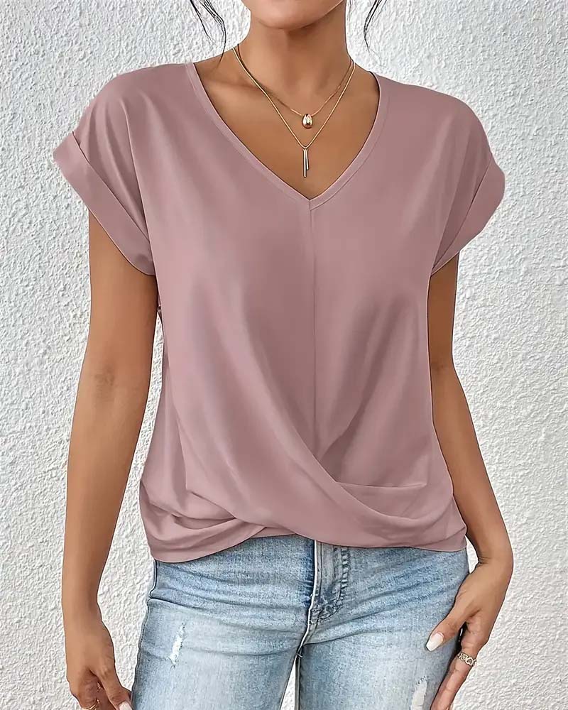 T-shirt Col V Uni Élégant à Manches Courtes