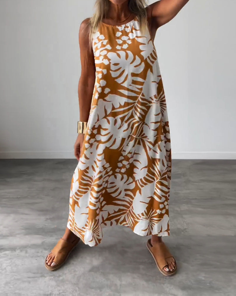 Robe décontractée sans manches à imprimé feuilles