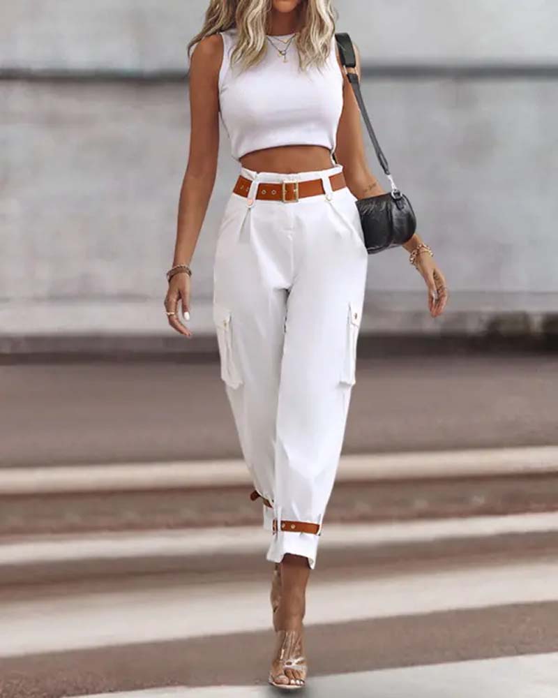 Pantalon cargo décontracté avec poche de couleur unie