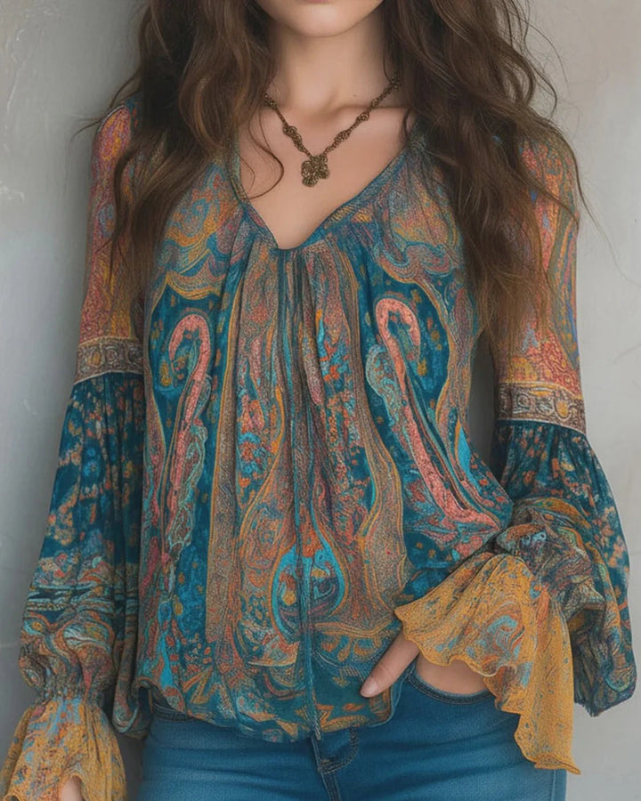 Blouse À Col V De Style Bohème À Manches Évasées