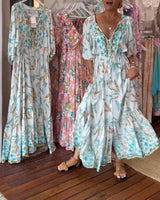 Robe longue femme col V imprimé feuilles