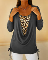 T-shirt faux deux pièces à lacets imprimé léopard