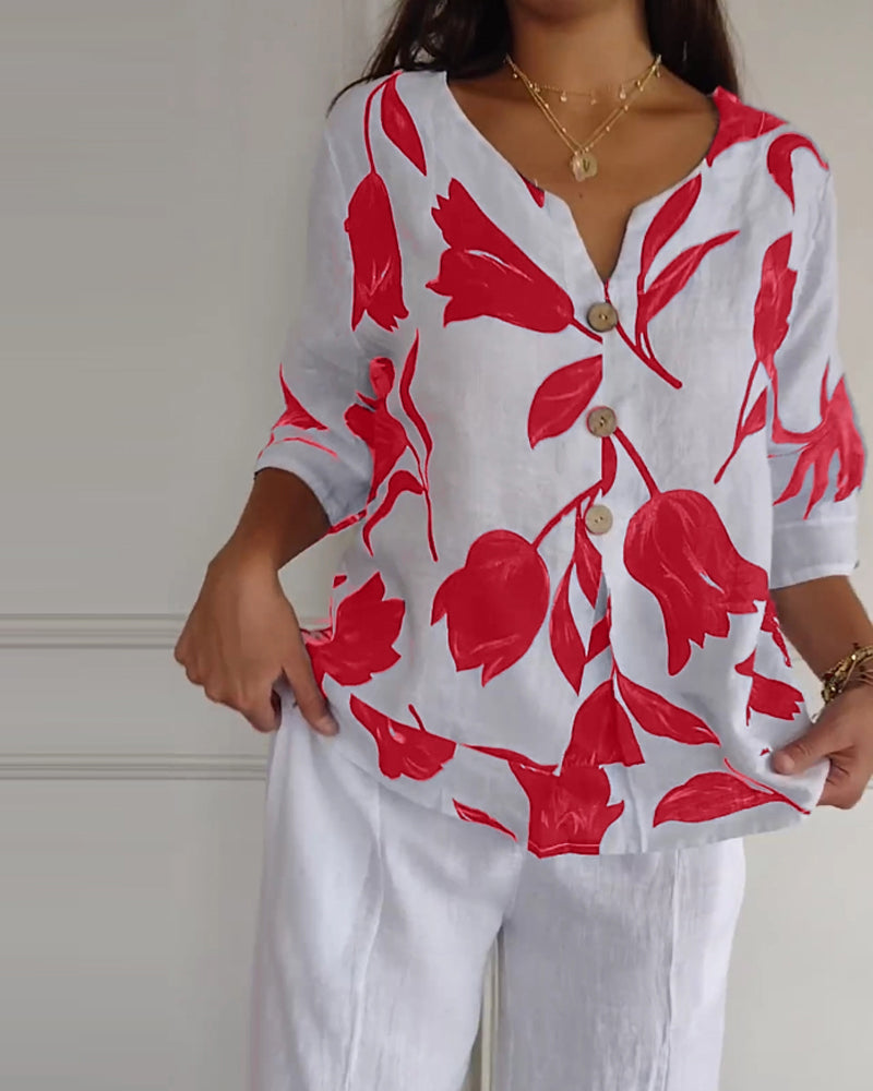 Haut boutonné en coton et lin imprimé fleuri