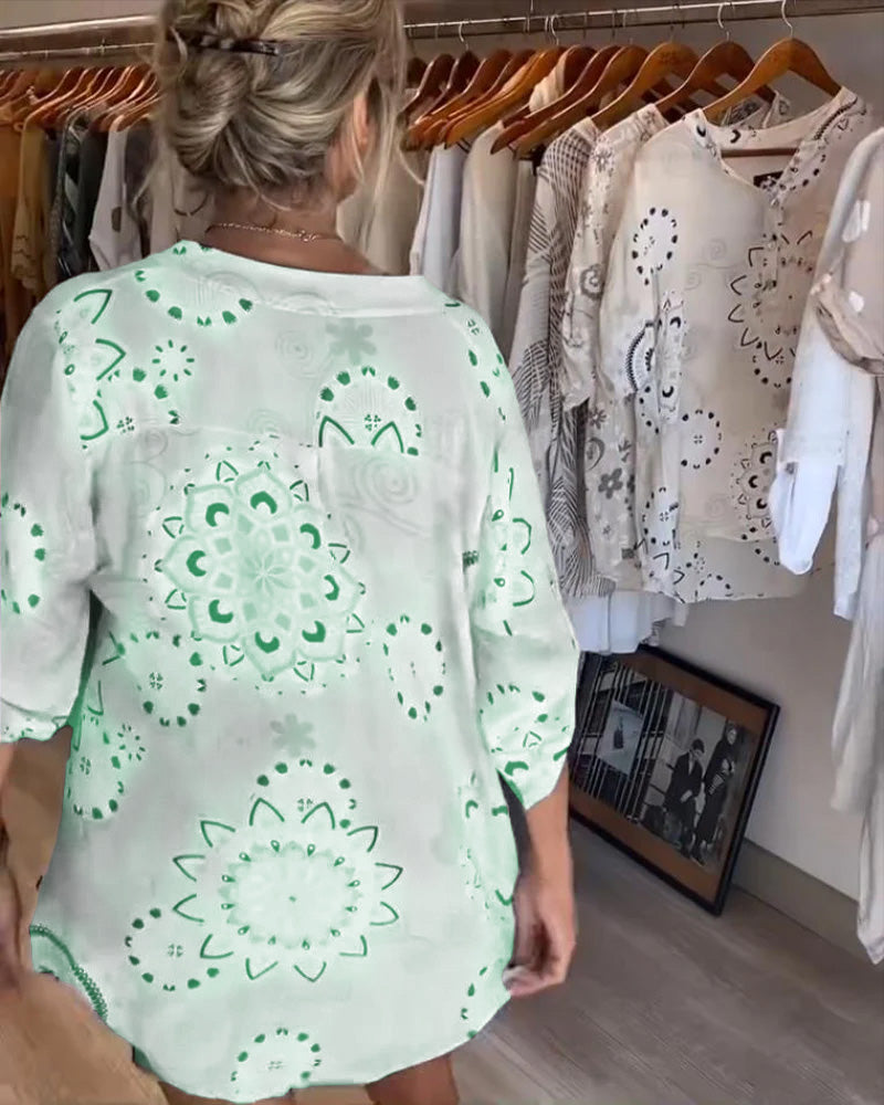 Blouse Polyvalente Col En V Imprimée Manches Mi-Longues