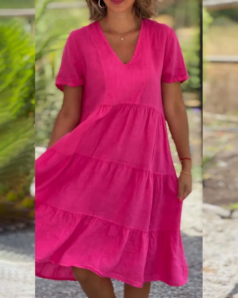 Robe en coton lin avec col en V de couleur unie