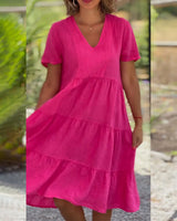 Robe en coton lin avec col en V de couleur unie